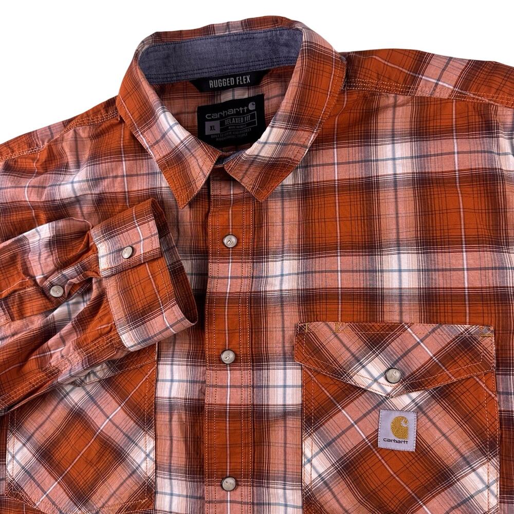 Carhartt Men’s XL Pearl Snap Orange‎ Plaid Relaxed Fit Rugged Flex